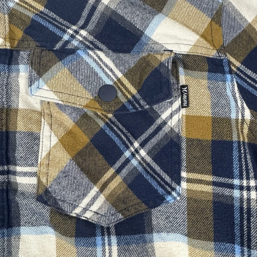 Hurley Jacket Mens Medium‎ Blue Plaid Snap Up Fleece Lined Flap Pockets
